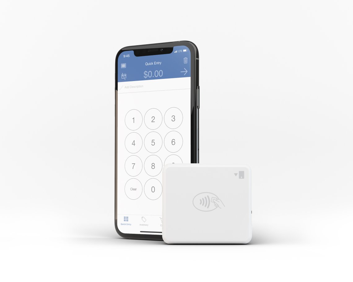 A C2X mobile card reader next to a mobile phone