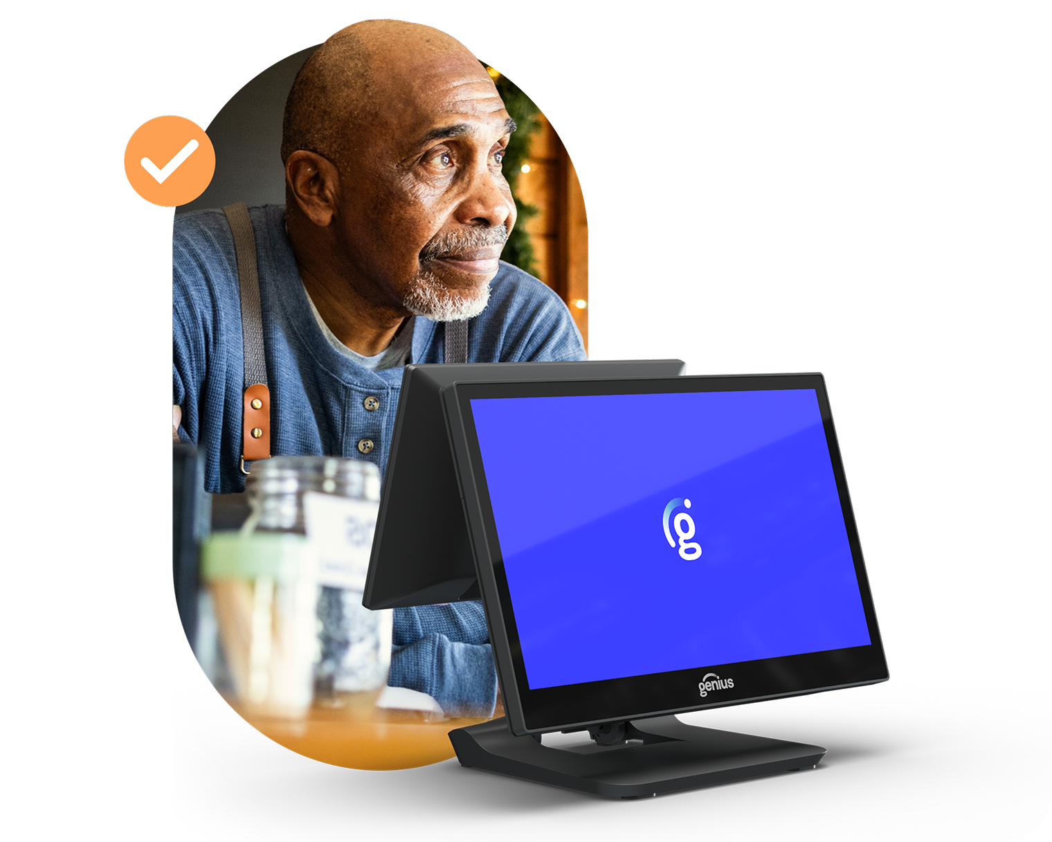 A small collage depicting a restaurant server, Genius POS and an orange circle with a checkmark.