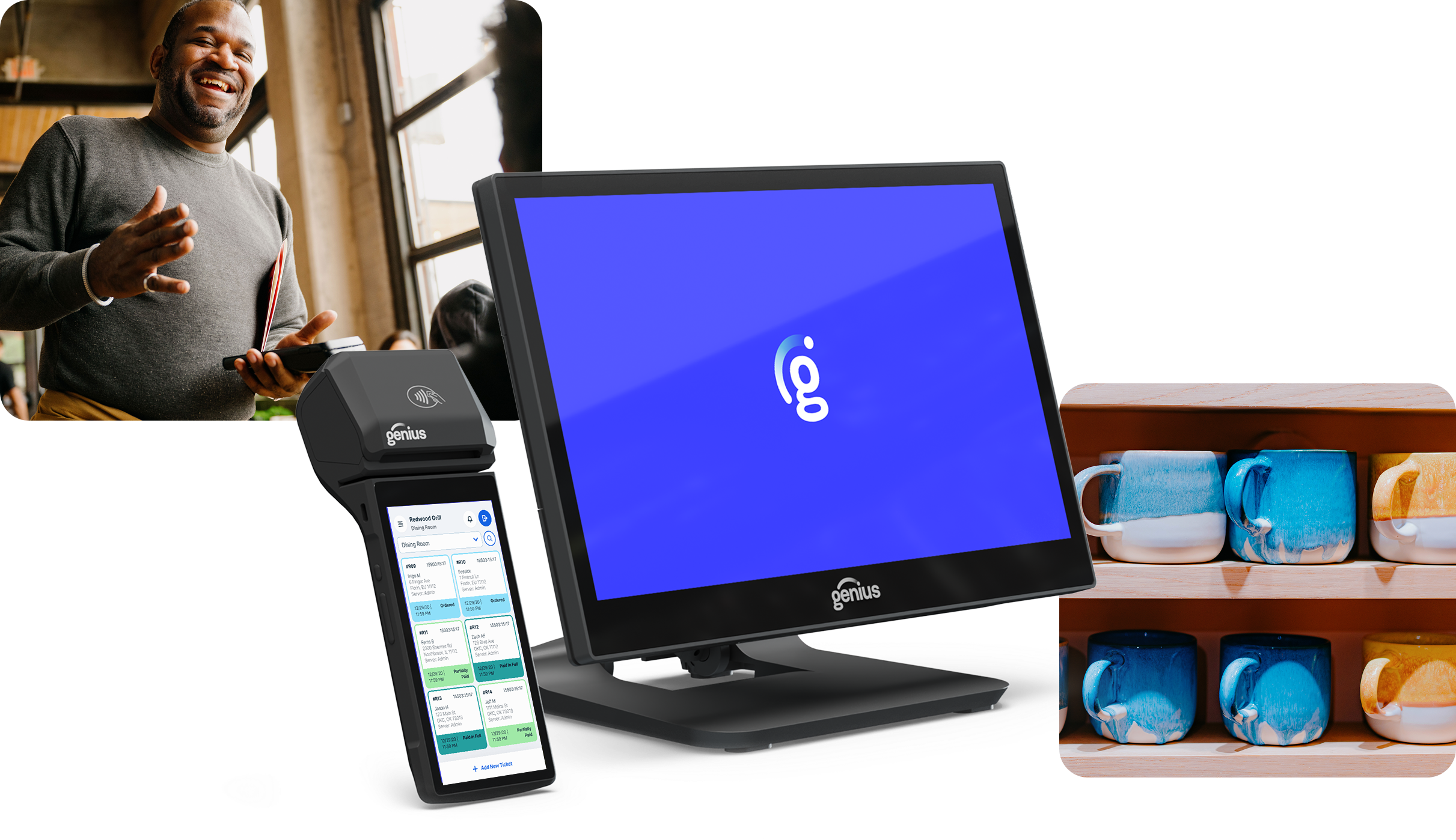 A collage consisting of: a laughing man, a cutout of a handheld payment device, a cutout of a countertop POS display, two rows of handcrafted mugs.