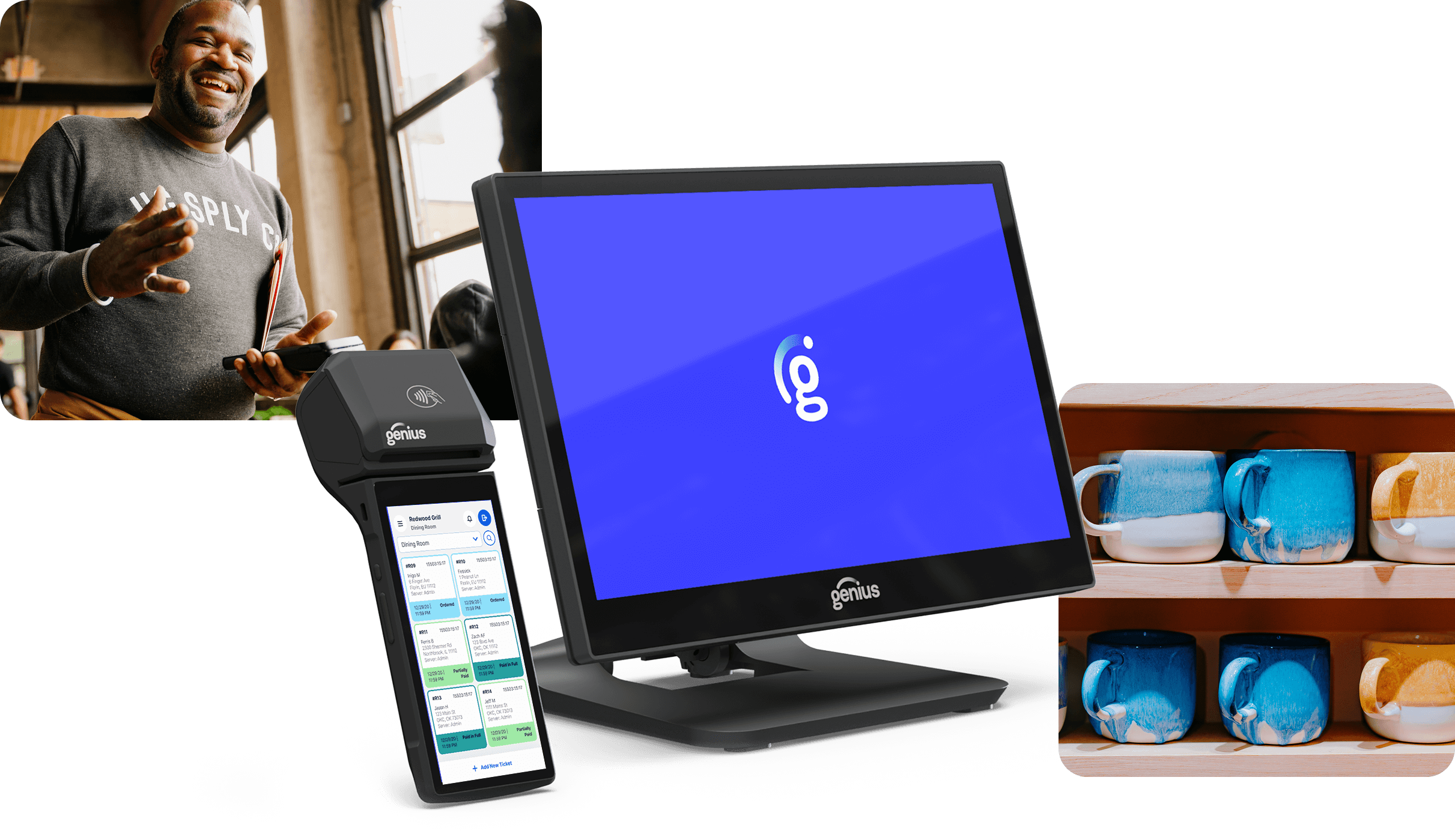 A collage consisting of: a laughing man, a cutout of a handheld payment device, a cutout of a countertop POS display, two rows of handcrafted mugs.