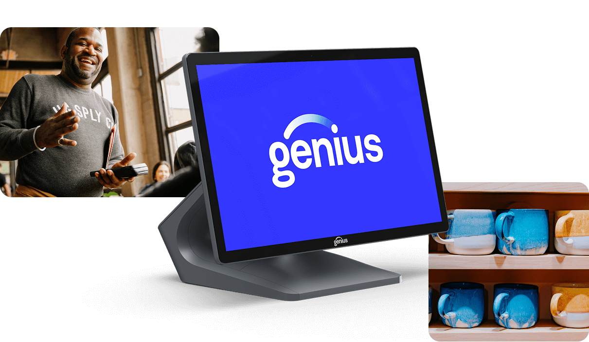 A collage consisting of: a laughing man, a cutout of a handheld payment device, a cutout of a countertop POS display, two rows of handcrafted mugs.
