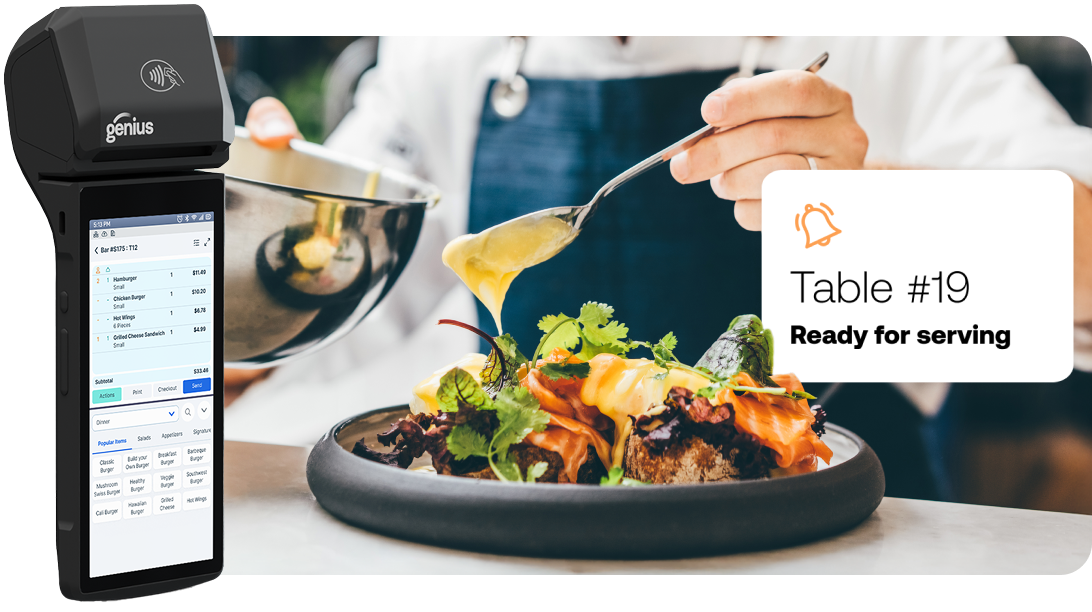 Cilantro covering a plate of food a person eats next to a Genius device