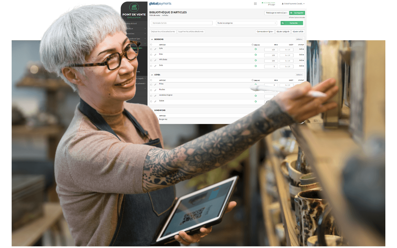 Retail employee does inventory in a gift shop holding a mobile POS. A popup screen shows a retail purchase order.