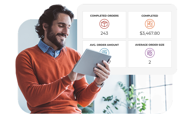 Genius Retail image of man holding ipad and small screenshot of user interface