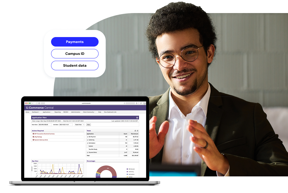 A person in front of a laptop discussing higher education payment solutions.