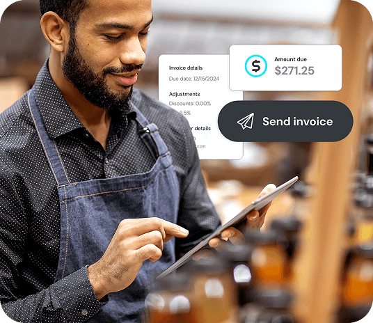 Small business owner automating invoicing on a mobile tablet. Popup screens show invoice details, adjustments and amount due.