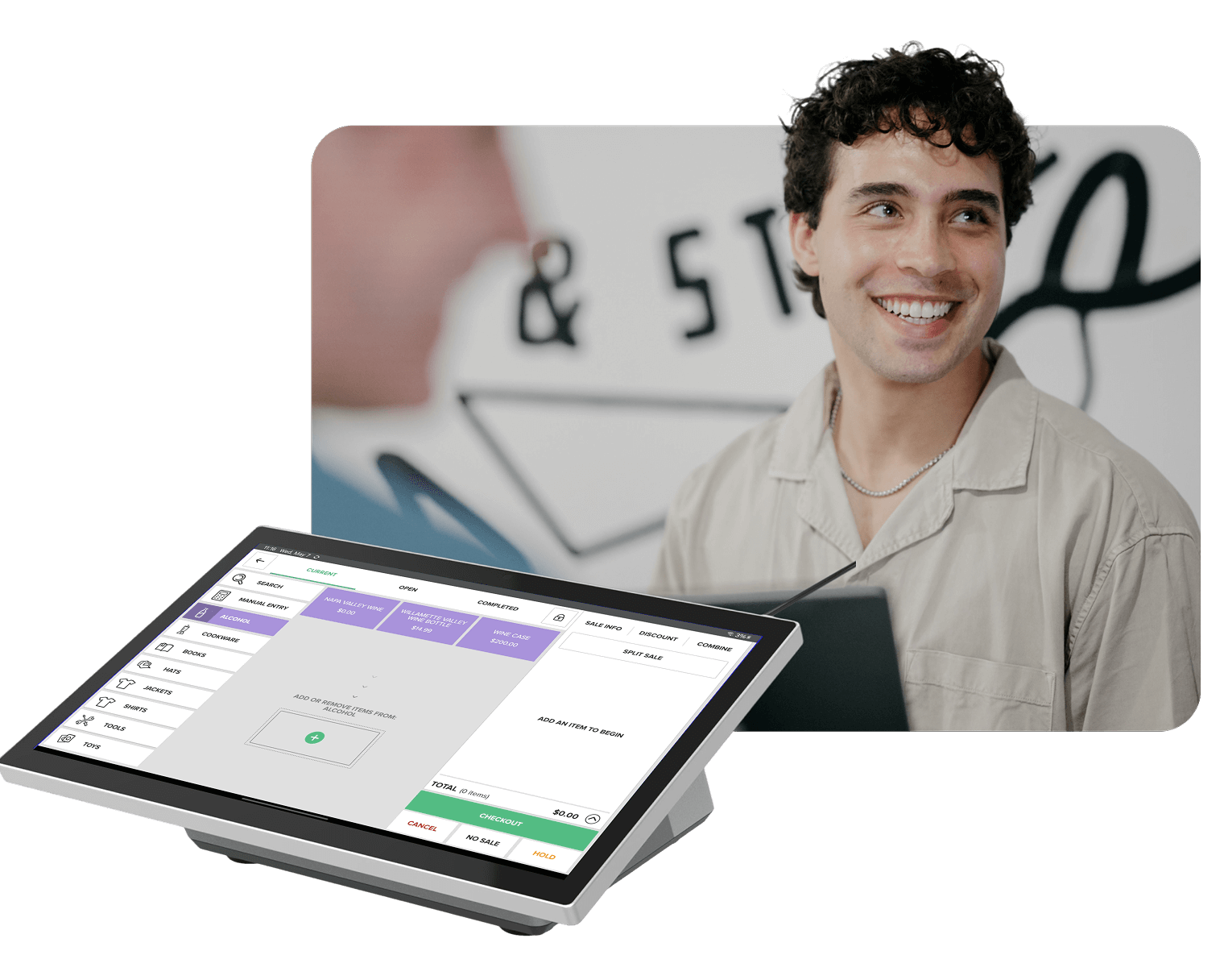 An image of a person wearing a headset reviewing orders on a kitchen display system.