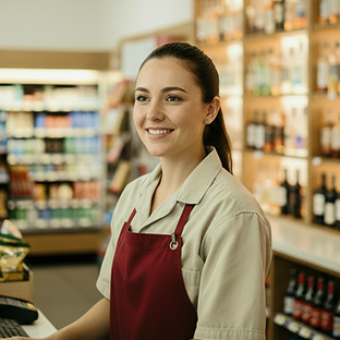 A smiling employee in an apron stands behind the counter at a corner store.
