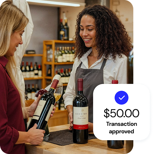 An employee in an apron working behind the counter of a wine store interacts with a female customer on the other side of the counter who’s holding a bottle of wine.