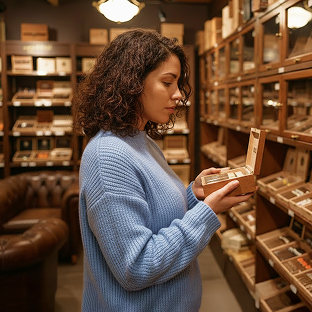 A customer holds a box of cigars while standing in a tobacco shop.