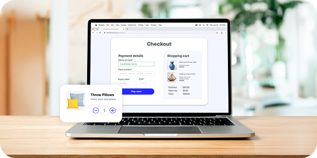 Laptop screen shows branded online checkout experience.