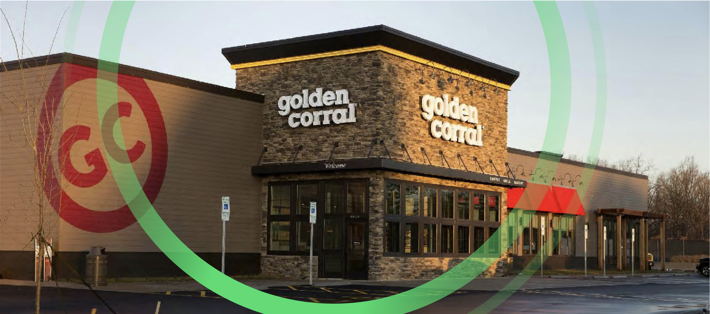 Image of exterior of Golden Corral restaurant featuring its modern Gateway architectural prototype design