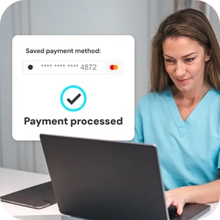 Woman at desk in medical office using laptop at desk with payment processed graphic over the image