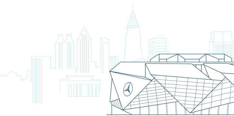 Line drawing depicting distinctive angular roofline of Mercedes-Benz Stadium and skyline of downtown Atlanta