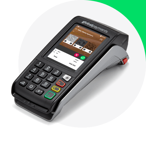 Image of handheld payment terminal with Global Payments branding in circular photo