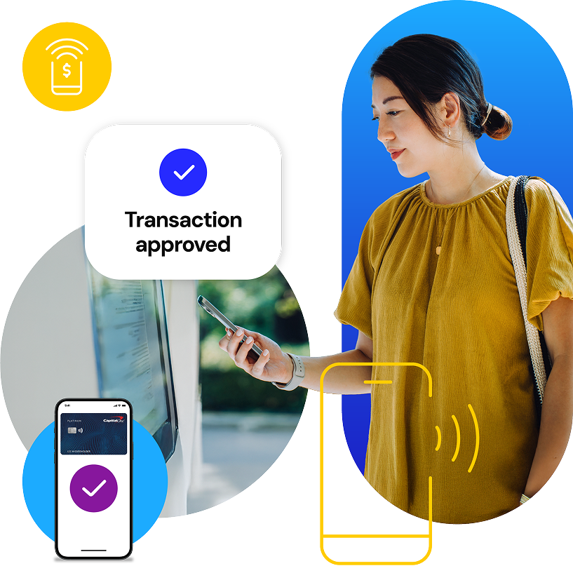 Woman at an outdoor koisk paying with phone and message on screen - transaction approved.