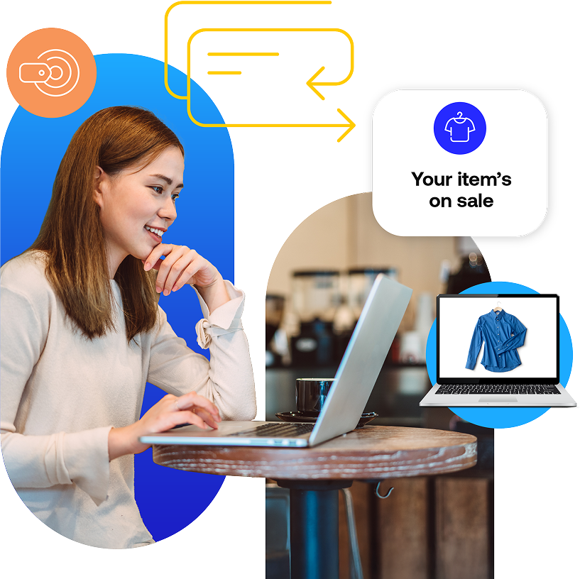 Woman at a high-top table using her laptop and smiling with onscreen message - Your item