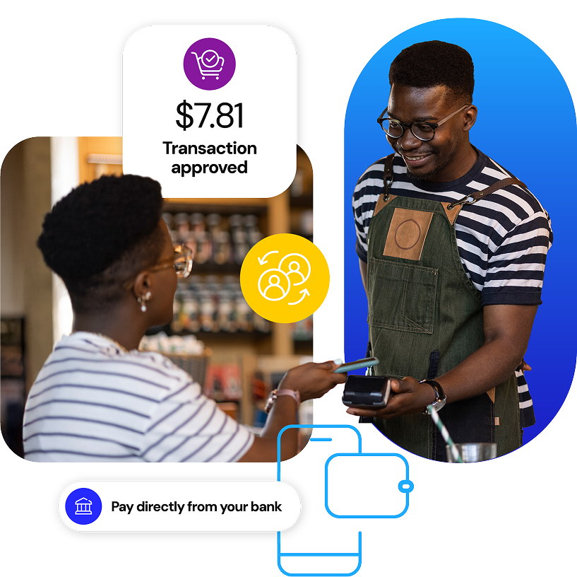 Woman in a retail store paying at handheld POS with her phone with onscreen message - $7.81 transaction approved