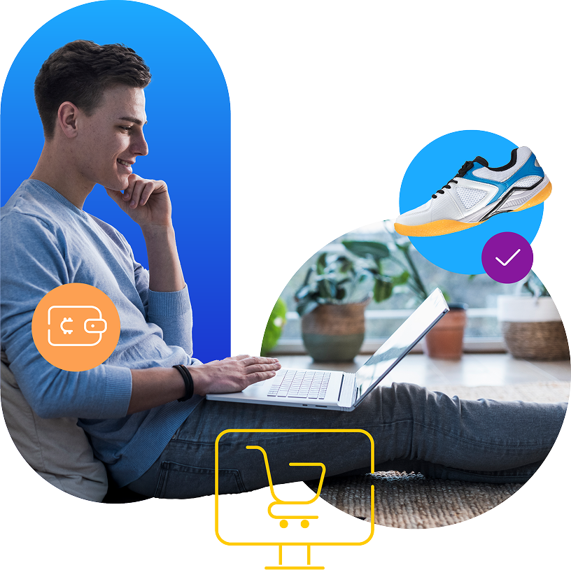 Smiling man sitting on the floor with laptop with onscreen message - Pay via Crypto $121