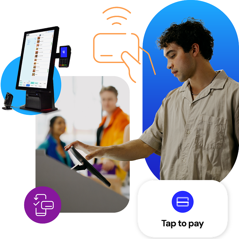 Man at kiosk paying for something at a self-service kiosk with onscreen message - Tap to pay
