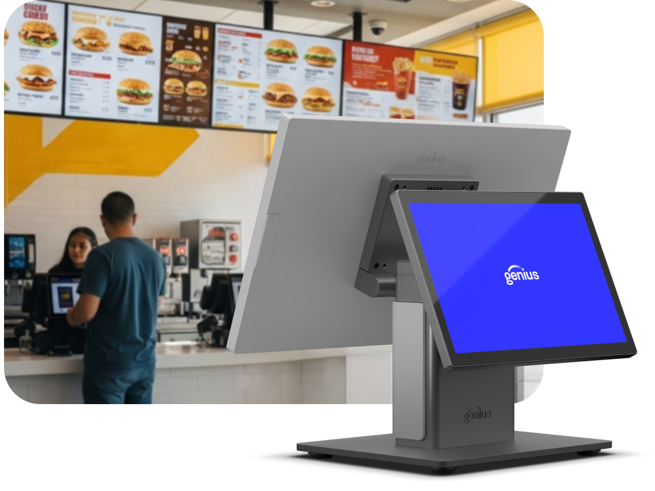 A man stands at a restaurant counter as a woman stands behind the counter taking his order, while a digital menu board hangs above them and an overlaid inset of a countertop ordering device sits in the corner of the photo.