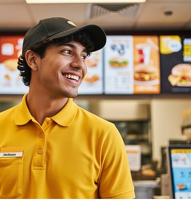 A young man in a work uniform smiles inside a quick-service restaurant.