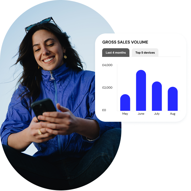 A retailer in athletic gear checks her gross sales reports from her POS on her mobile phone.