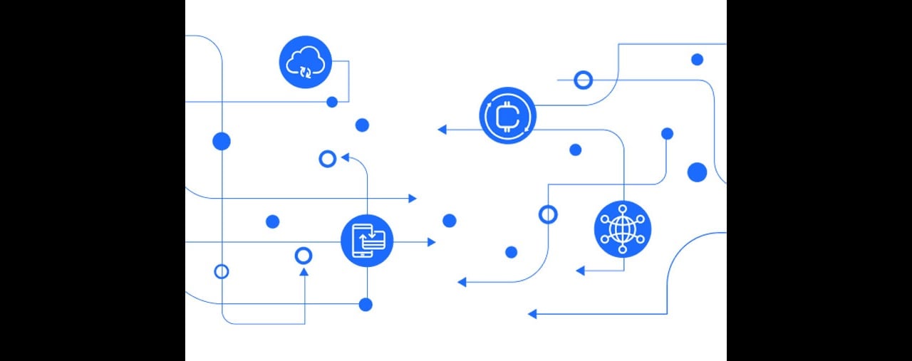 Blue and white digital-network graphic showing interconnected nodes, cloud symbols and data-flow arrows