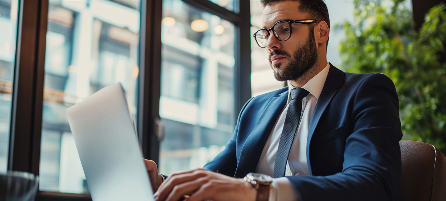 A business person dressed in a suit and tie working on a laptop.