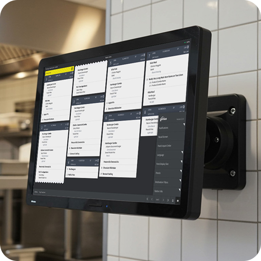 Point of sale displays screen with kitchen management technology. 