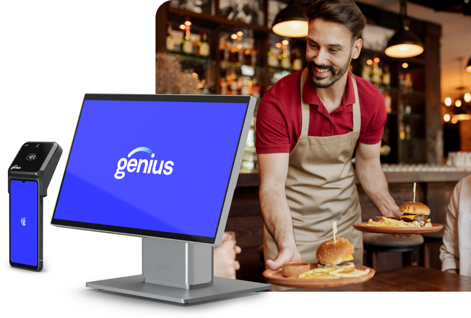 A server delivers burgers to a table, with an inset image of a countertop + handheld POS devices displaying the Genius logo.