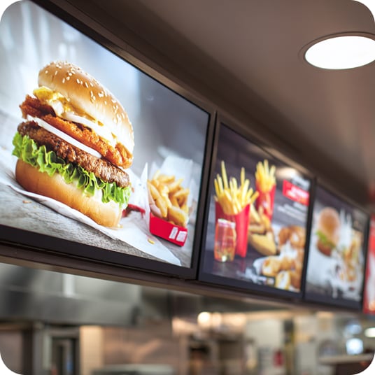 An image of an indoor digital menu board displaying burgers, fries and other food items.