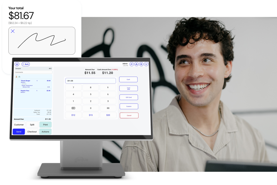 Person in a small retail business smiles next to a pop-out image of a countertop point of sale screen displaying transaction details.