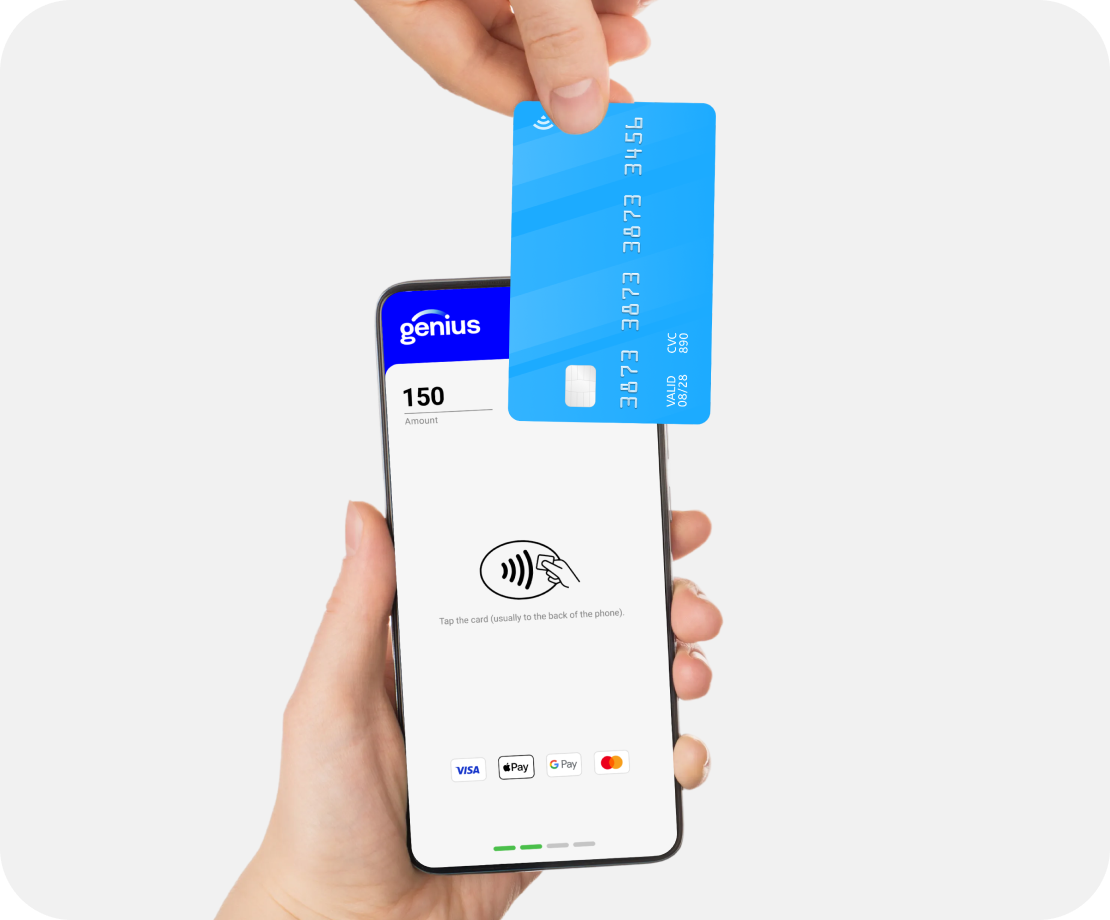 Closeup of person paying with card to iPhone