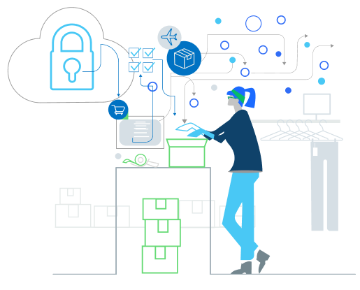 Illustration of a merchant packaging a box and thinking about security and shipping.