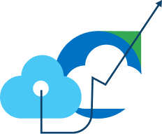 Illustration of two clouds with a line ending with an arrow pointing to the upper right.