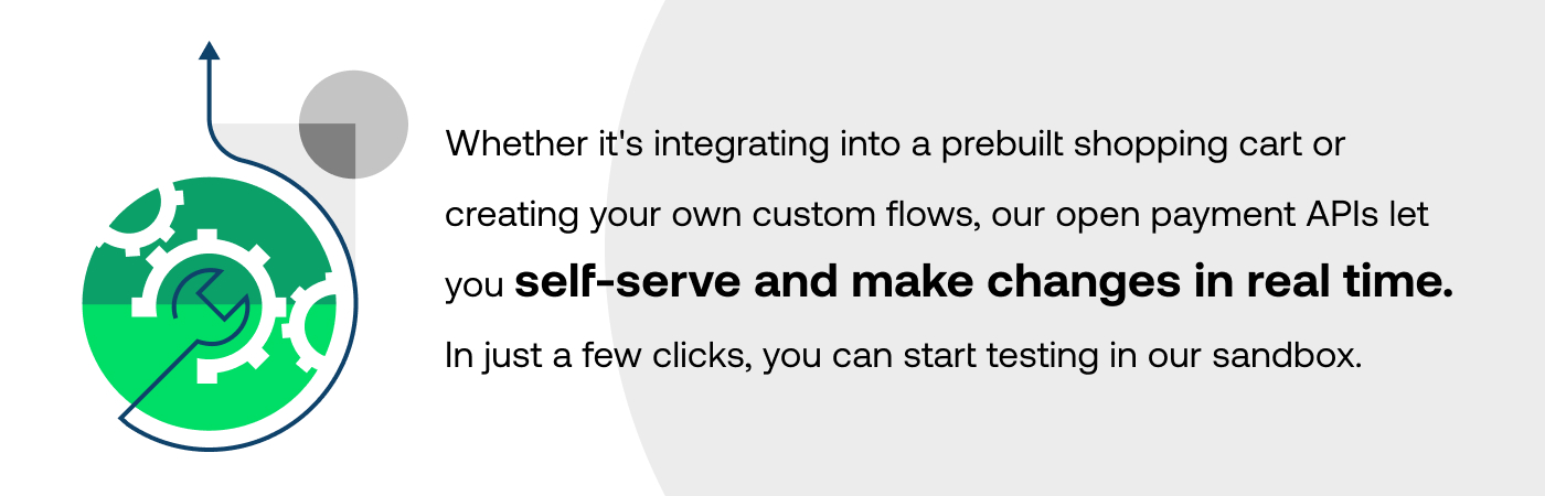 Whether it's integrating into a prebuilt shopping cart or creating your own custom flows, our open payment APIs let you self-serve and make changes in real time.