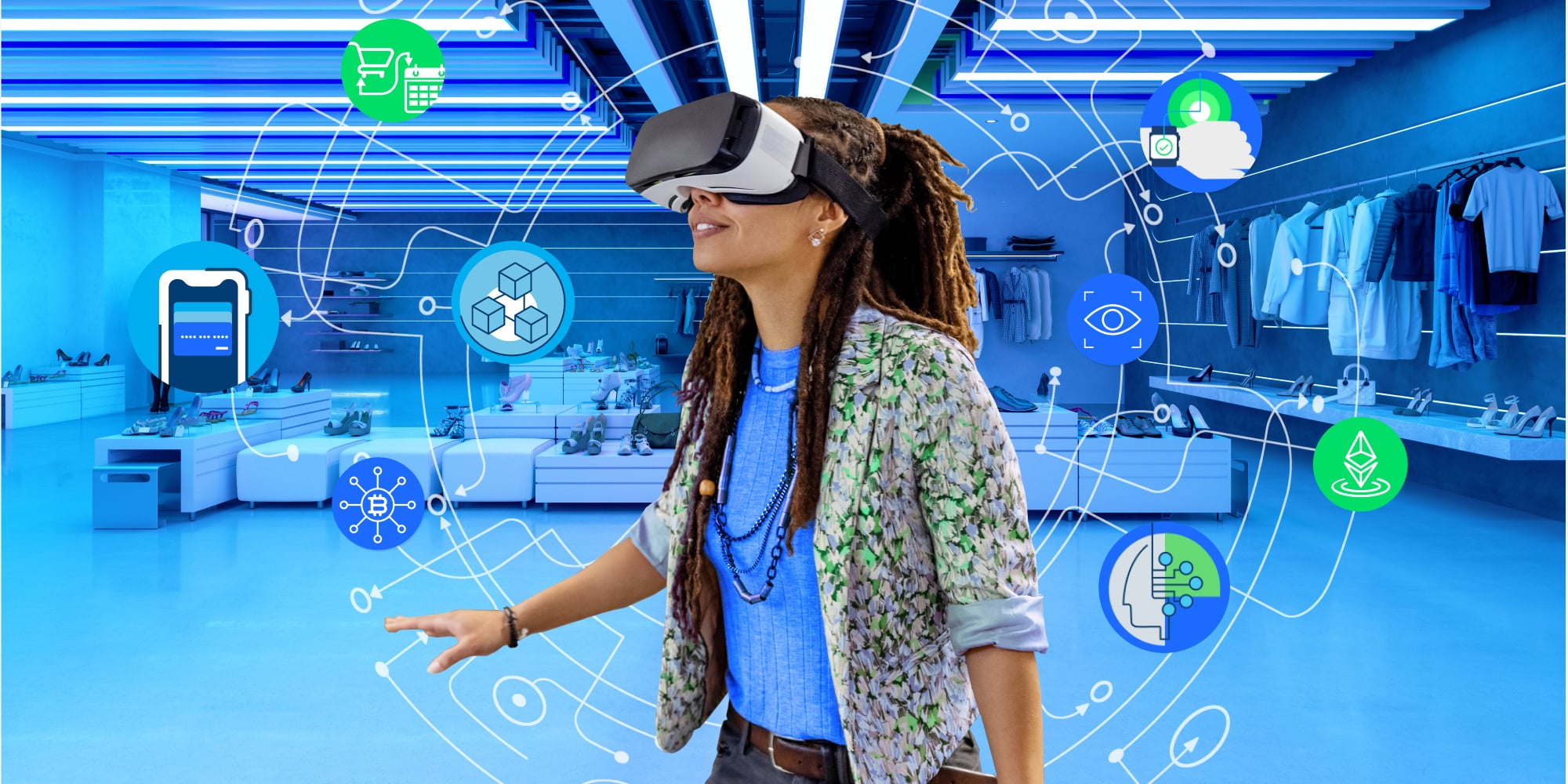 Person wearing virtual-reality viewer in illustration of conceptual scene of digital commerce in metaverse environment