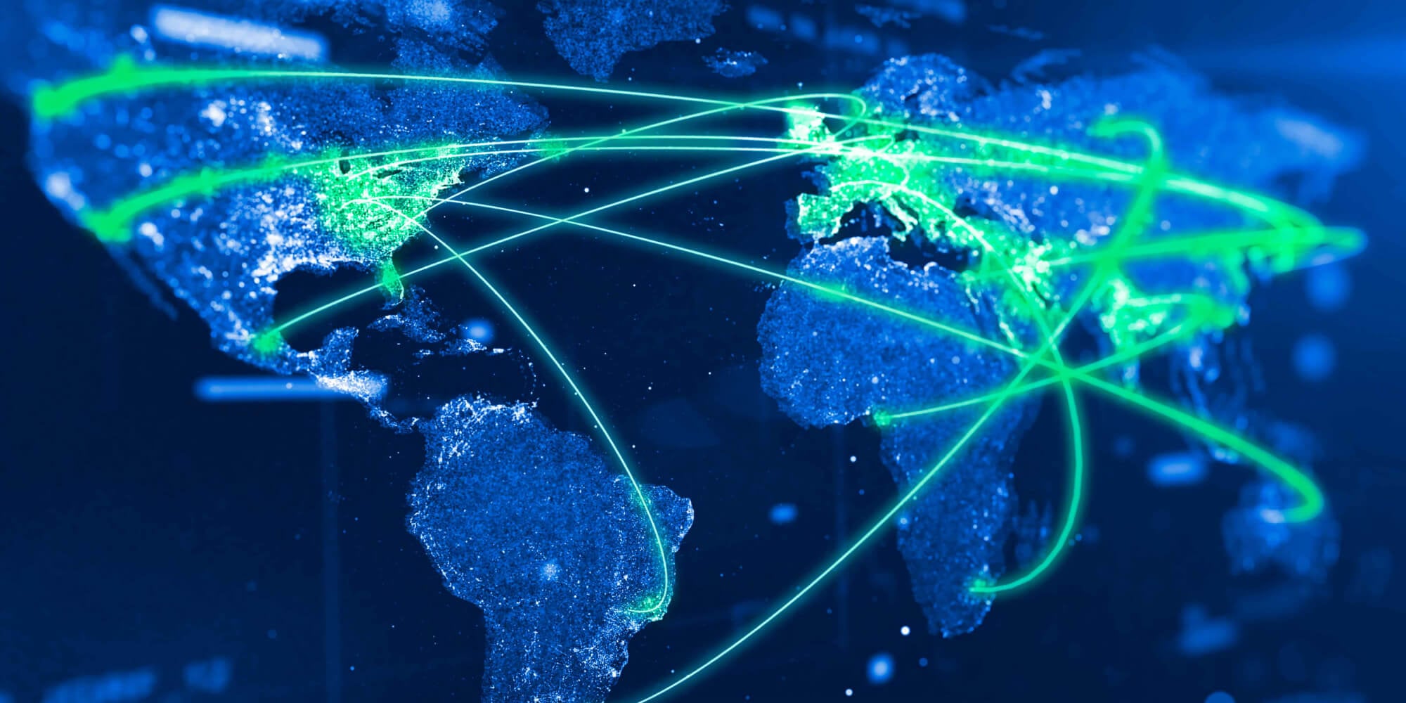 Conceptual digital world map featuring blue dot-matrix background overlaid with glowing green and cyan arcs representing global data and communication networks
