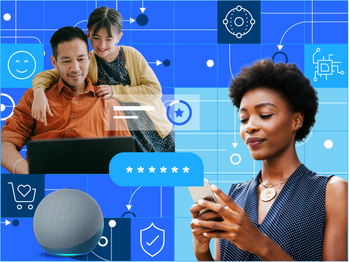 Composite graphic illustrating modern consumer behaviors, secure digital checkouts and connected smart home tech