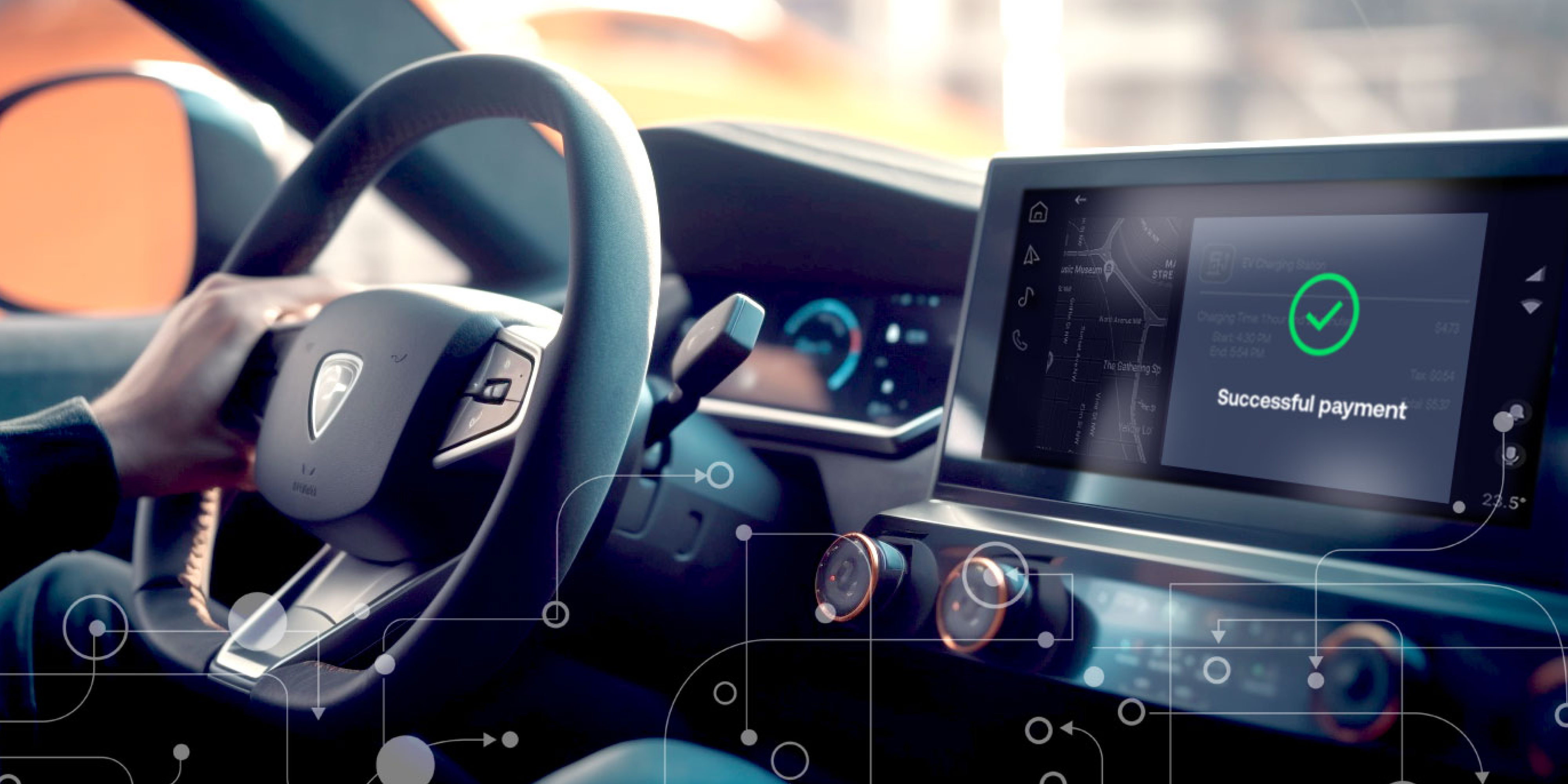 In-vehicle digital interface displaying payment confirmation on central dashboard touchscreen