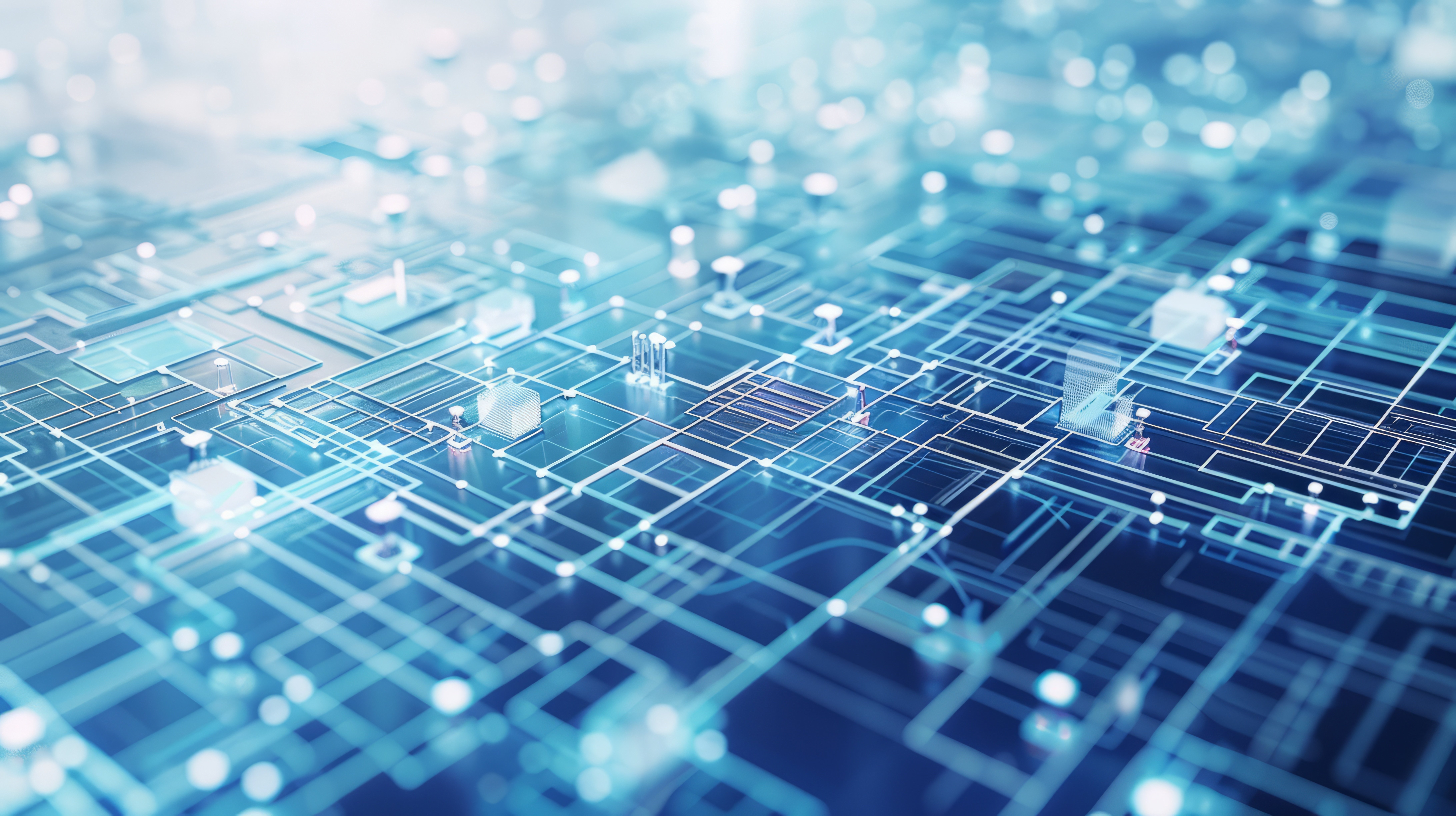 Digital graphic rendering of abstract circuit board with glowing blue pathways, nodes and microchip components