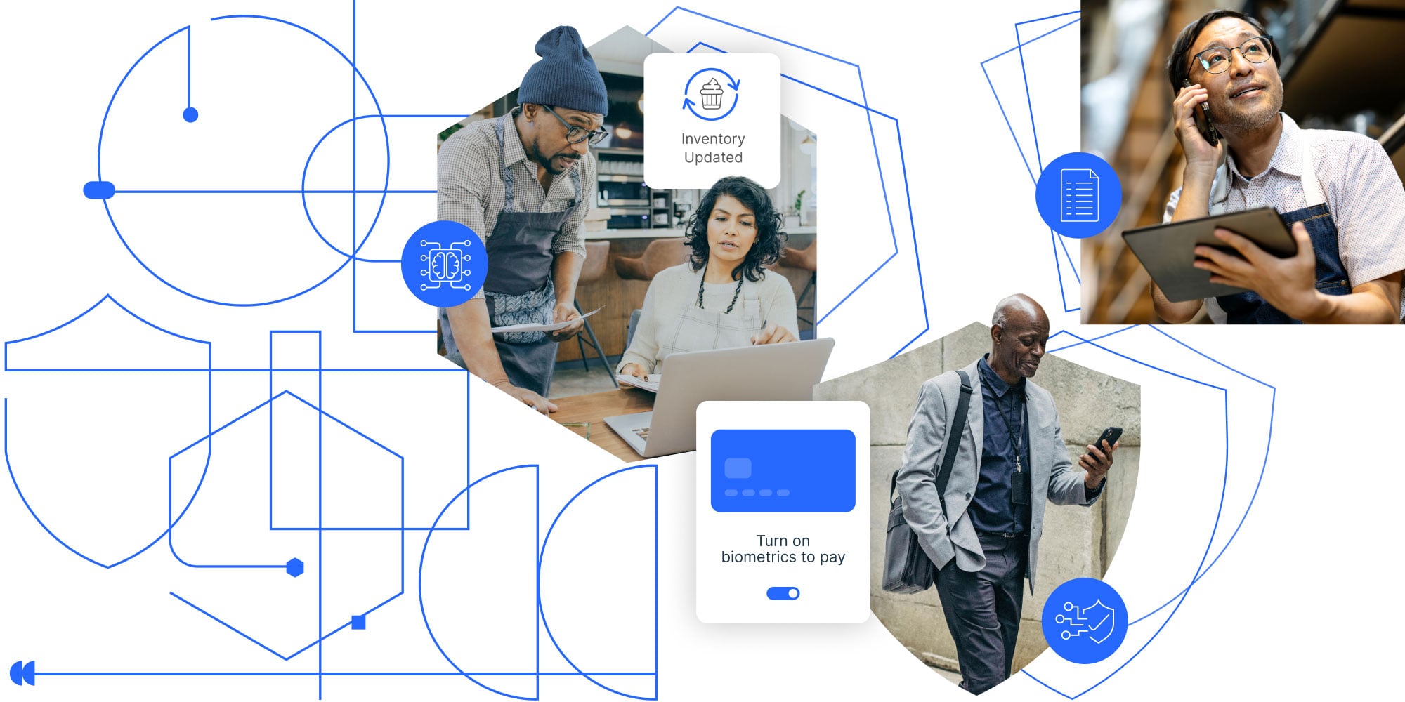 Depictions of digital businesses tools, including automated inventory updates, biometric payment options and point of sale management