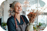 Small-business owner in dark top and apron smiles while holding vase of dried flowers