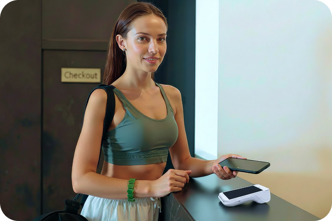 Woman at gym checks out using contactless payments.