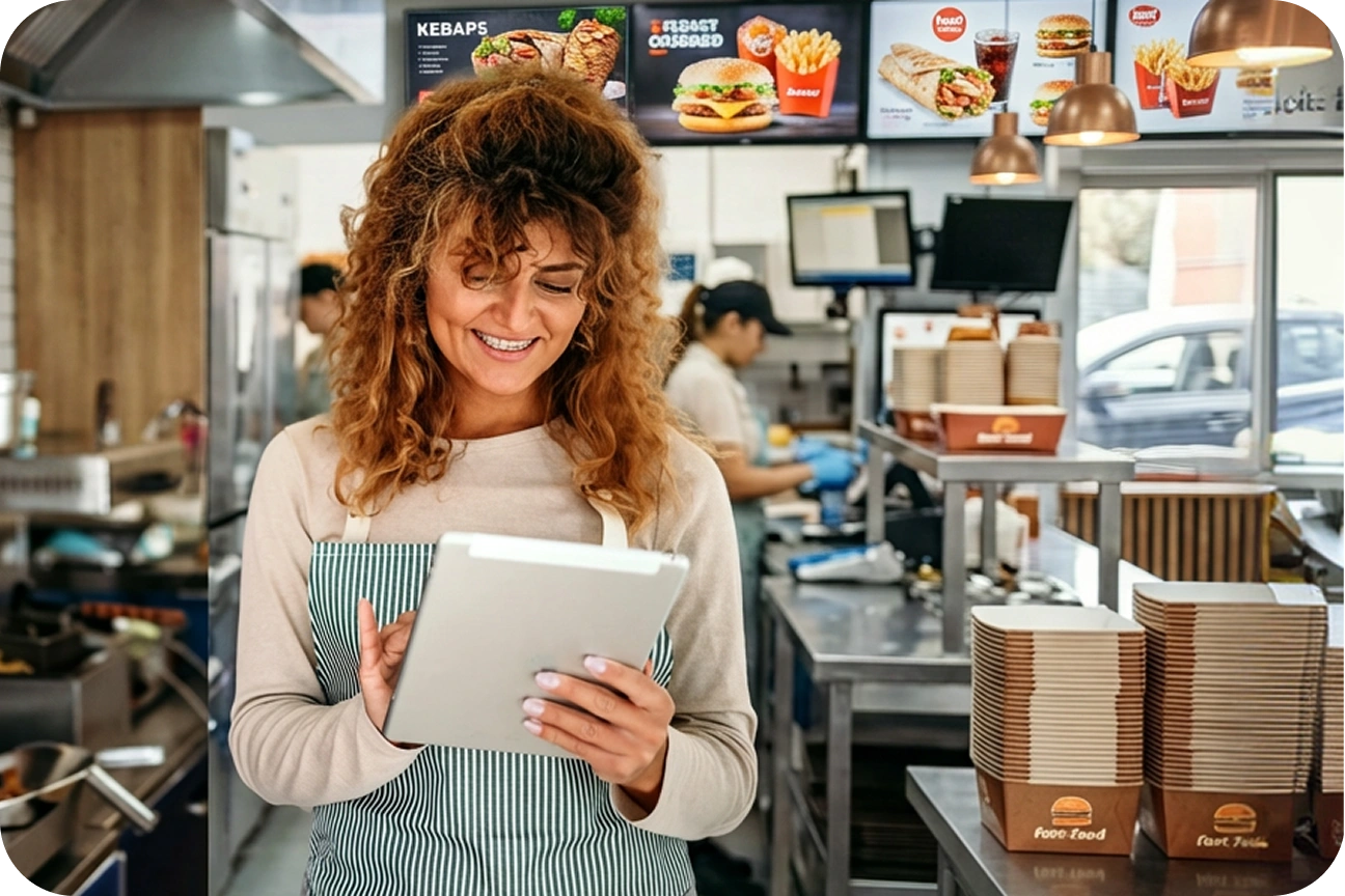 An employee at a quick service restaurant smiles as they use a tablet to complete orders in the back area.