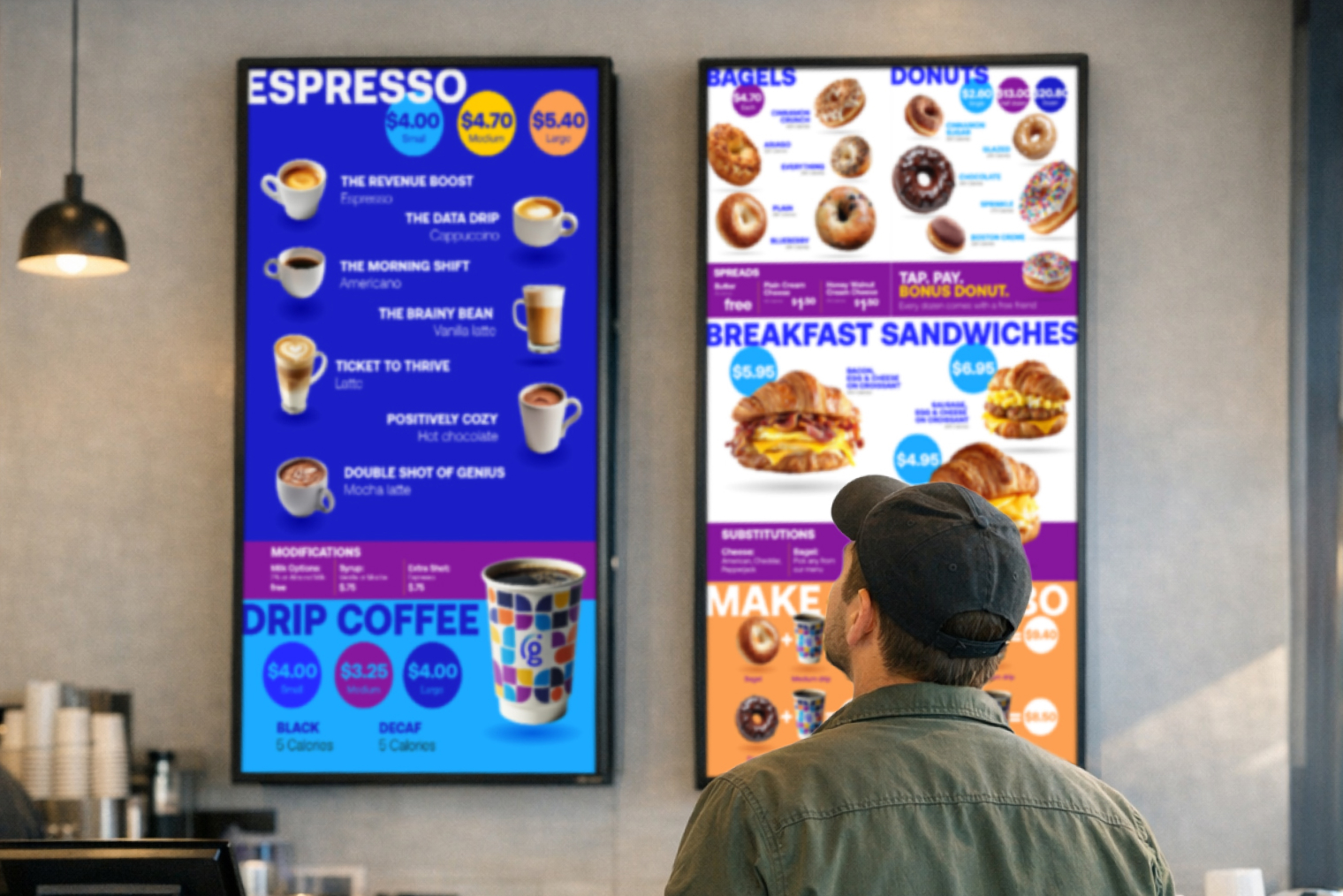 Over-the-shoulder image of person looking up at menu boards