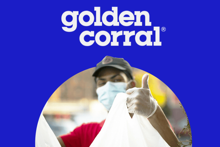 Inset of Golden Corral employee in red short-sleeve shirt on dark-blue background with company logo and text in white letters