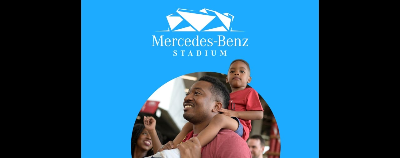 Inset of father-and-son Atlanta Falcons fans with sponsor logo in white letters on light-blue background