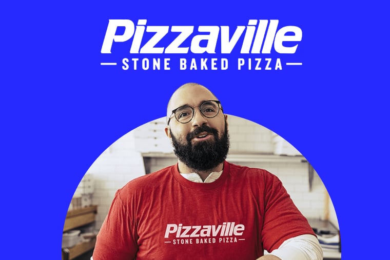 Inset of Pizzaville employee in red company-branded shirt on dark-blue background with company logo and text in white letters